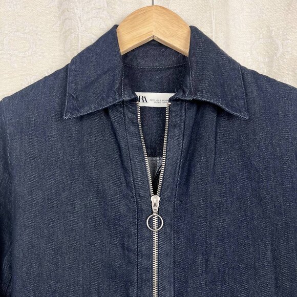 Zara zippered dark denim column midi dress 2-way zip 100% cotton long sleeve - Picture 3 of 10